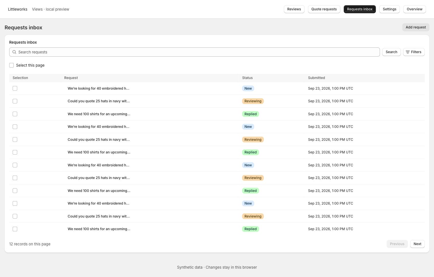 Requests inbox — local preview with synthetic data